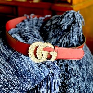 Stone Crystal Gucci Belt with Burgundy Strap
